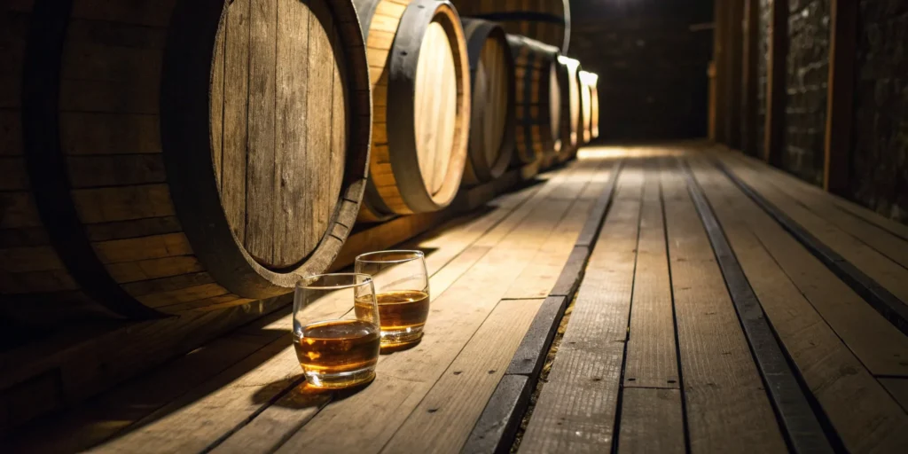 Two oak barrels in a distillery, central to how double barrel aging works.