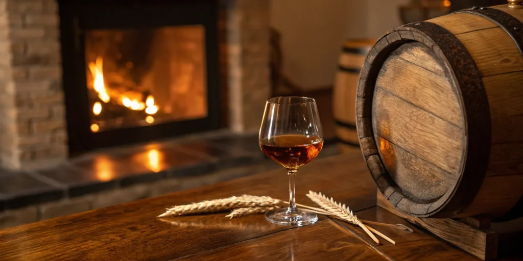 Mary Dowling toasted barrel bourbon in a glass next to a whiskey barrel.