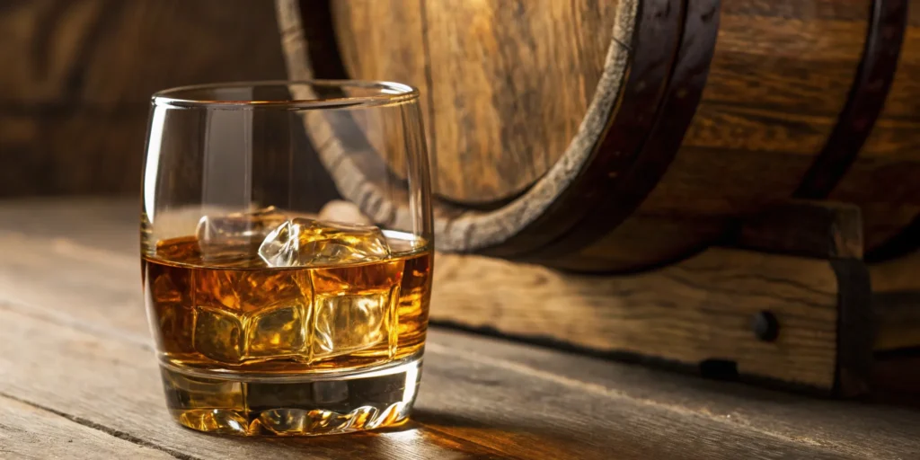 A glass of cask strength wheated bourbon resting next to an oak cask.