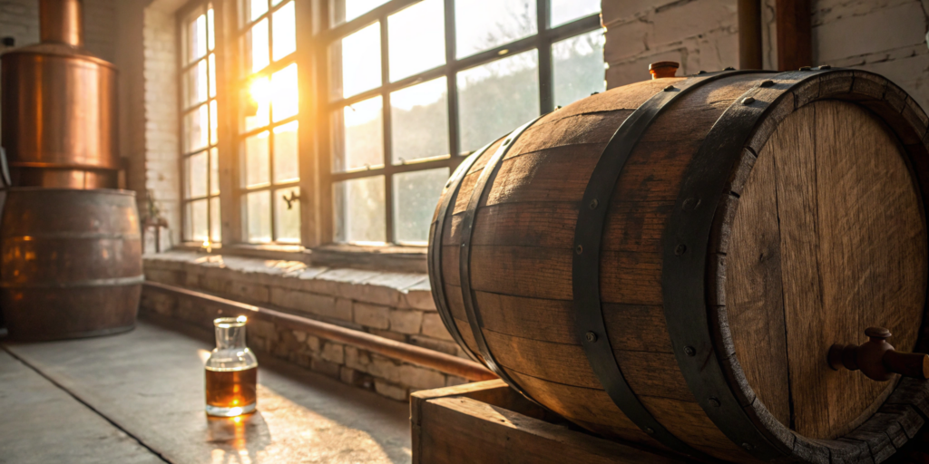 Bourbon in a glass decanter next to a barrel used for creating interesting finishes.