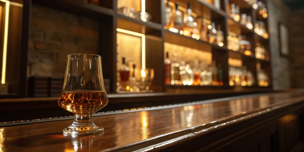 Mary Dowling bourbon in a glass with bottles of its unique finishes.