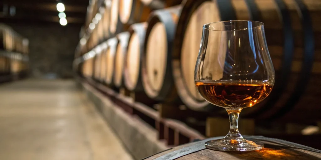 A glass of bourbon from a unique finish, surrounded by aging barrels and casks.