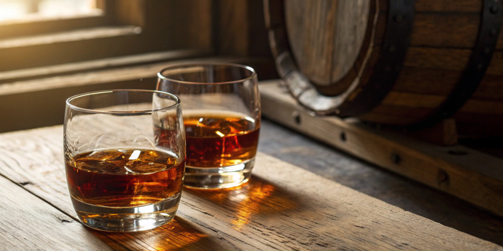 A glass of cask strength whiskey and a glass of barrel proof whiskey next to an oak barrel.