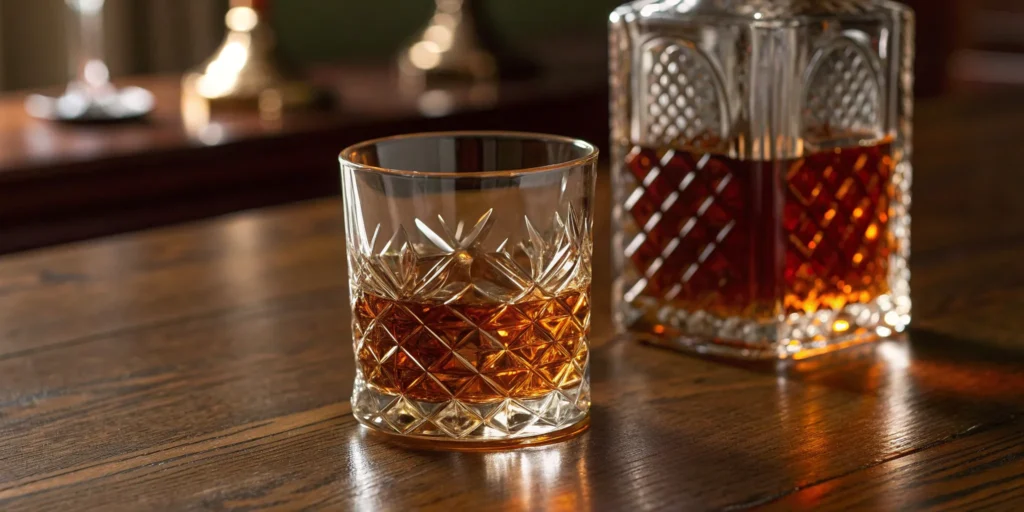 Mary Dowling ultra premium bourbon served in a crystal glass and decanter.