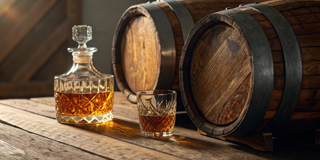 A glass of Mary Dowling bourbon beside the two barrels used in the double oak process.