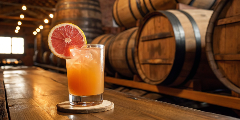 A Kentucky Paloma cocktail with a grapefruit garnish in front of bourbon barrels.