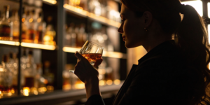A woman enjoying a glass of whiskey from a leading woman-owned brand.
