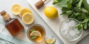 A glass of bourbon lemonade from a simple recipe, garnished with fresh lemon and mint.