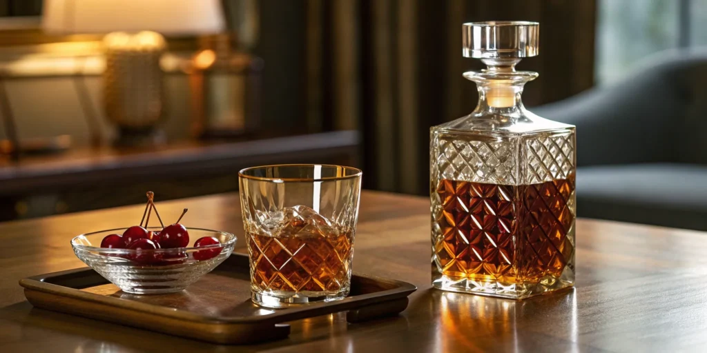 A perfect bourbon Manhattan from a classic recipe, served on the rocks with a cherry garnish.