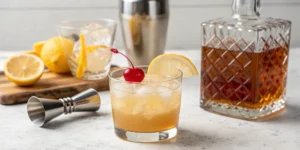 A bourbon whiskey sour made from a classic recipe, with a lemon and cherry garnish.