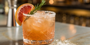 A Mary Dowling tequila finish paloma in a salt-rimmed glass with a grapefruit and rosemary garnish.
