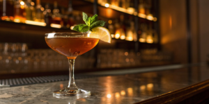 A bourbon smash made from a classic recipe, served in a coupe glass with lemon and mint.