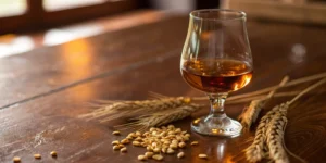 Glass of bourbon with wheat grains, raising the question is bourbon gluten free.