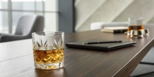 A glass of whiskey and a notebook for learning if whiskey is gluten free.