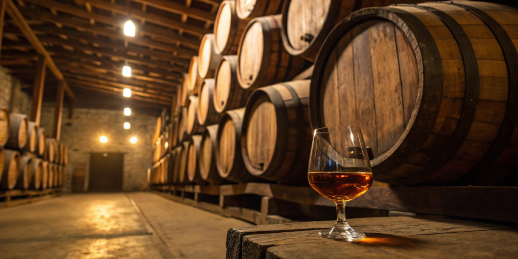 A glass of Mary Dowling bourbon sits in a warehouse surrounded by aging oak barrels.