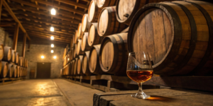 A glass of Mary Dowling bourbon sits in a warehouse surrounded by aging oak barrels.