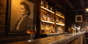 Mary Dowling whiskey poured in a glass on a rustic bar with a vintage portrait.