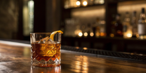 Mary Dowling High Rye Tequila Finish bourbon on the rocks with an orange twist at a bar.