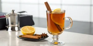 A classic bourbon hot toddy recipe in a glass mug with a lemon slice and cinnamon stick.