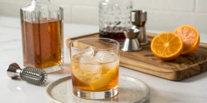 A classic bourbon old fashioned recipe with a large ice cube and an orange peel garnish.