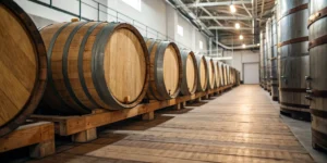 Whiskey barrels aging in a distillery, a key step in the double oaked process.