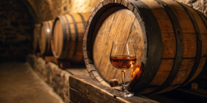 A good cask strength wheated bourbon in a tasting glass on a whiskey barrel.