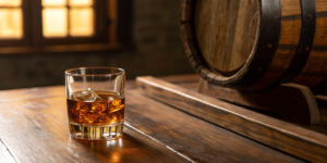 A glass of double oaked bourbon on a barrel, a reflection of its cost and quality.