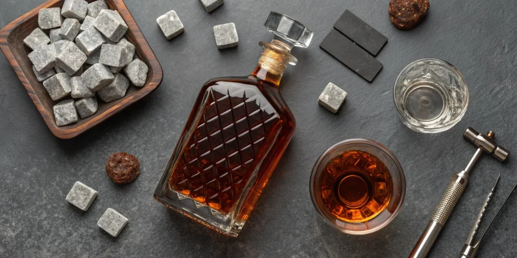 A bourbon decanter and glass with accessories make a great gift for dad.