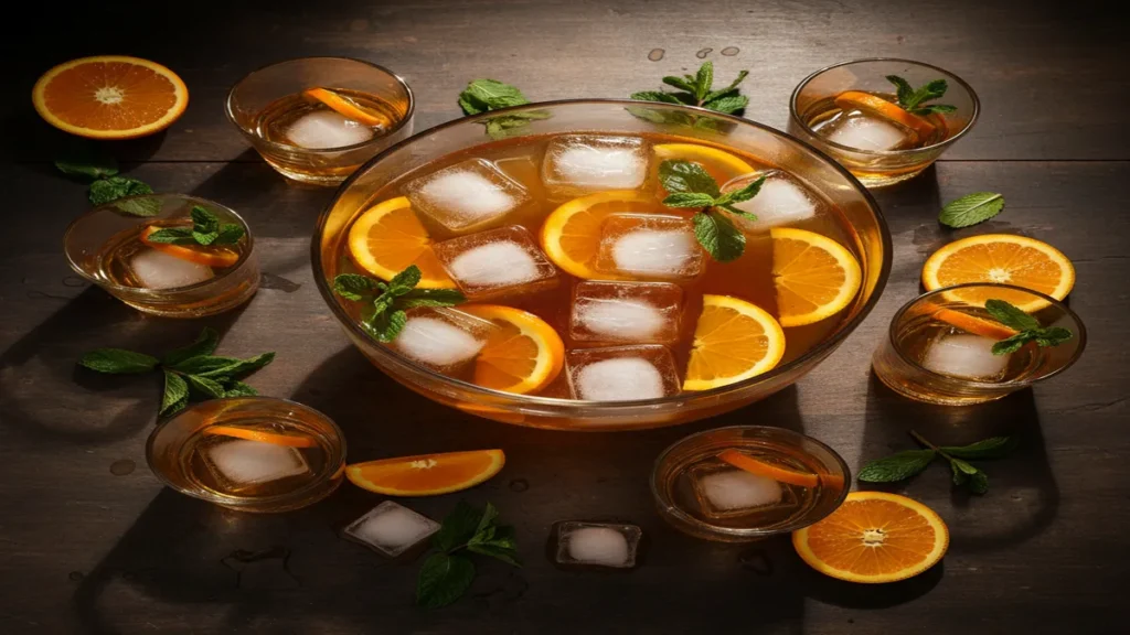 A large glass punch bowl filled with batch bourbon cocktail surrounded by glasses, orange slices, and fresh mint.