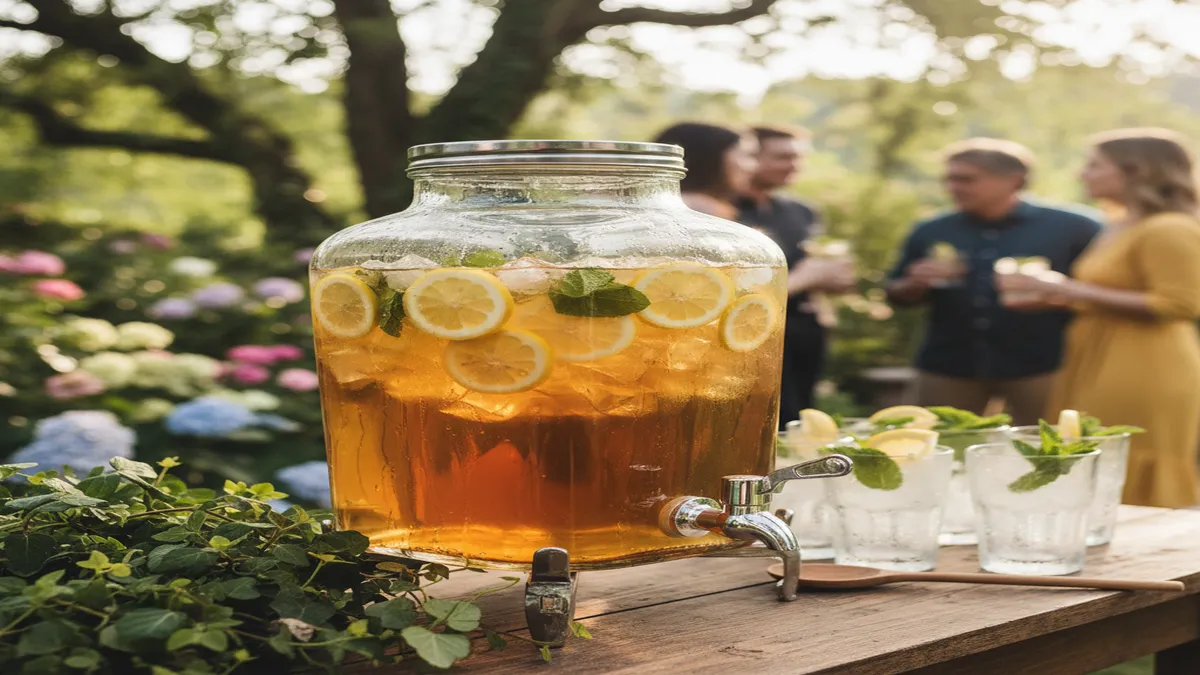 A large glass dispenser filled with bourbon lemonade punch at an outdoor garden party.