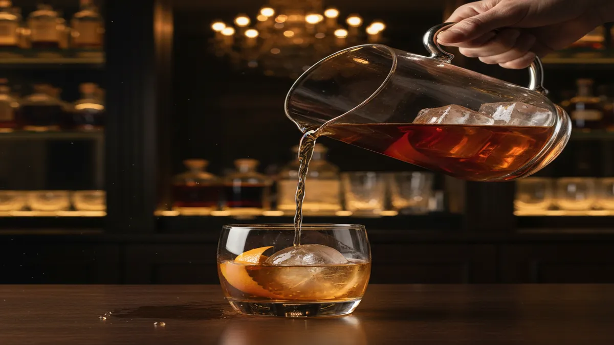 A pitcher of batch bourbon old fashioned being poured into a rocks glass with an orange peel garnish.