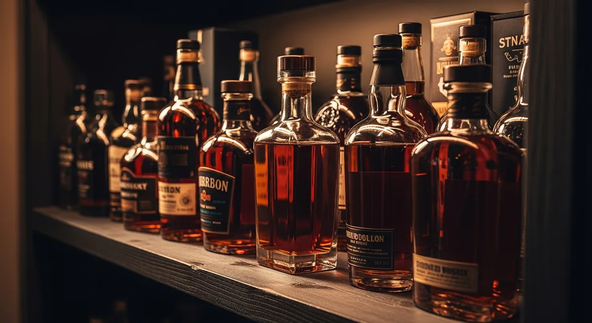 A curated lineup of bourbon bottles on a wooden shelf, representing the best bourbons for beginners.