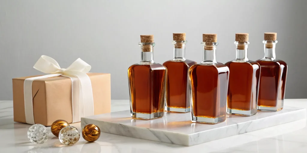 Elegant bourbon bottles and a gift box, the best bourbon for a wedding gift.