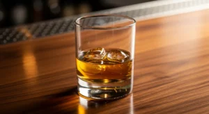 A glass of golden bourbon on a walnut bar, the ideal starting point for beginners exploring bourbon.
