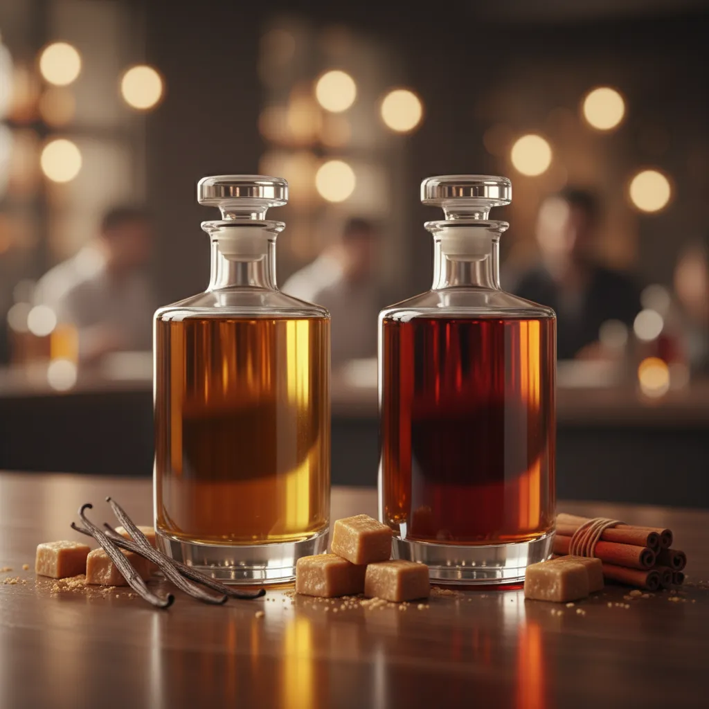 Two vanilla-forward bourbon bottles with vanilla beans, caramel, and cinnamon on a bar