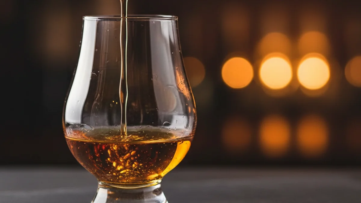 Golden amber bourbon being poured into a Glencairn tasting glass, representing the 100 proof requirement of bottled-in-bond bourbon.