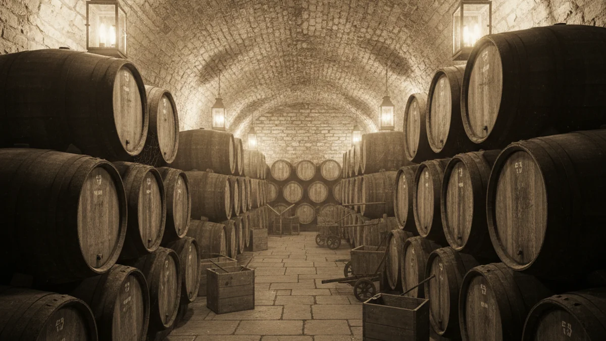 A historic bourbon warehouse from the late 1800s with aging barrels stacked in a stone cellar lit by lantern light, evoking the era of the Bottled-in-Bond Act of 1897.