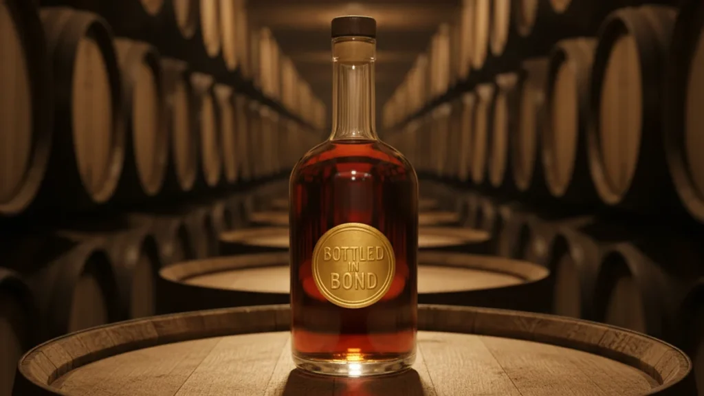 A bourbon bottle with a Bottled in Bond gold seal sitting on a barrel in a dimly lit rickhouse, representing the federal bonded quality standard.