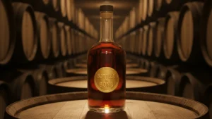 A bourbon bottle with a Bottled in Bond gold seal sitting on a barrel in a dimly lit rickhouse, representing the federal bonded quality standard.