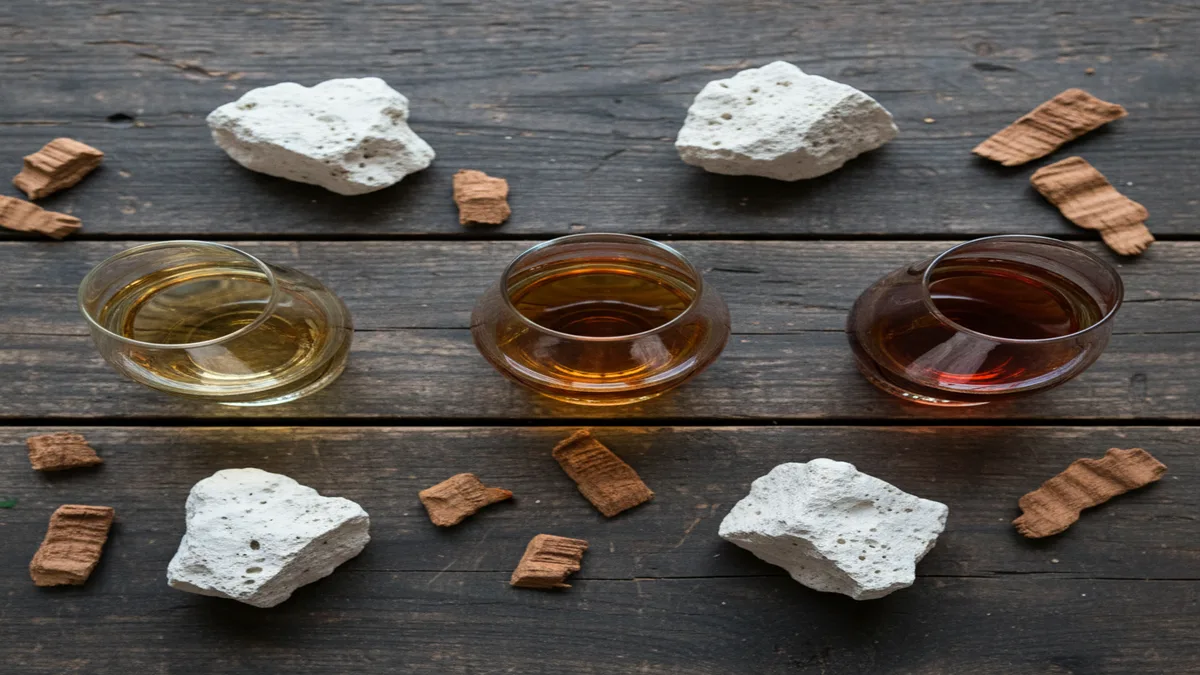 Three glasses of bourbon showing different aging stages from light gold to deep amber, with limestone rocks and oak chips