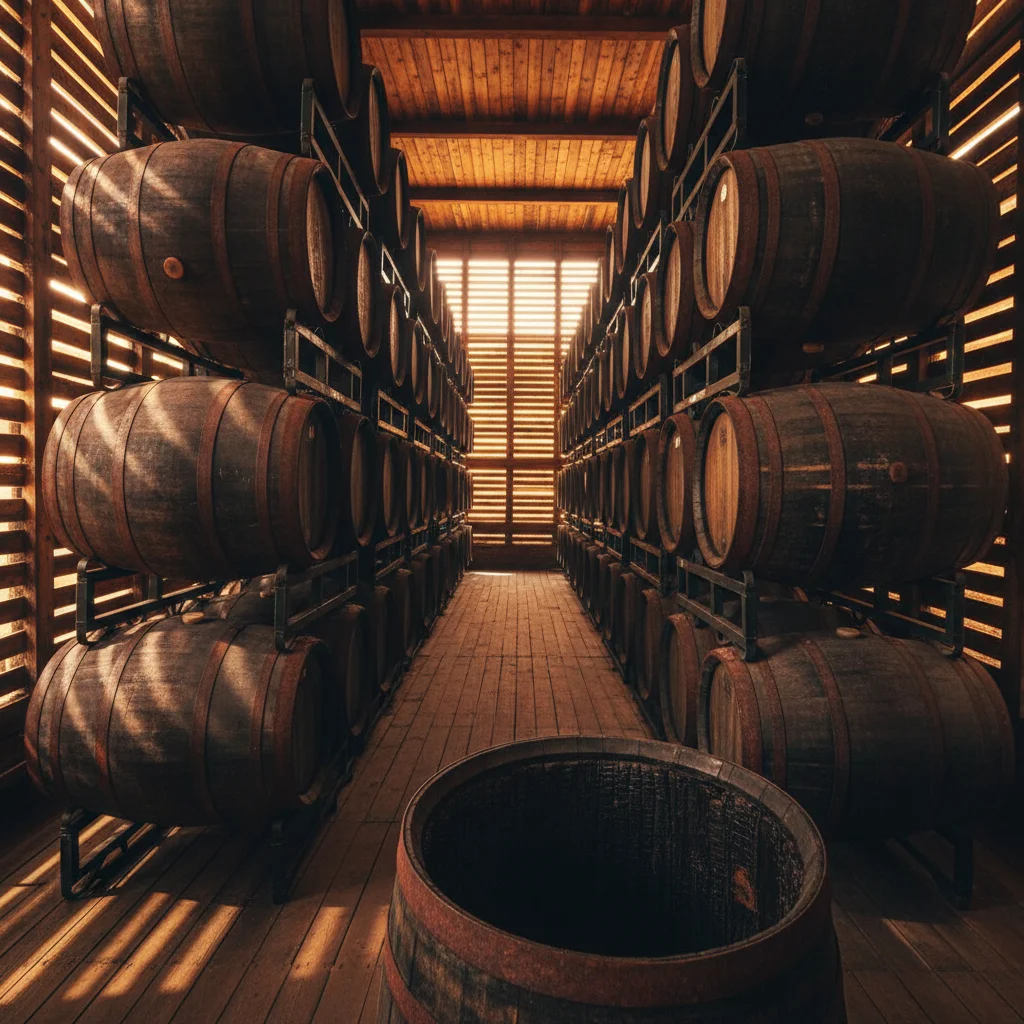 Charred oak bourbon barrels aging in a Kentucky rickhouse with warm sunlight streaming through the walls.