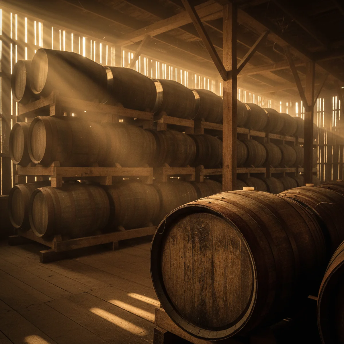 Bourbon barrels aging in a traditional Kentucky rickhouse with golden light filtering through the walls