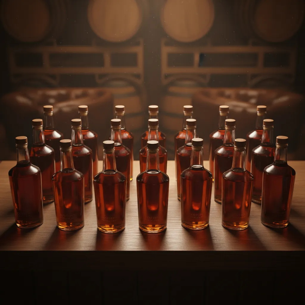 Bourbon bottles stored upright on a dark wooden shelf in proper storage conditions
