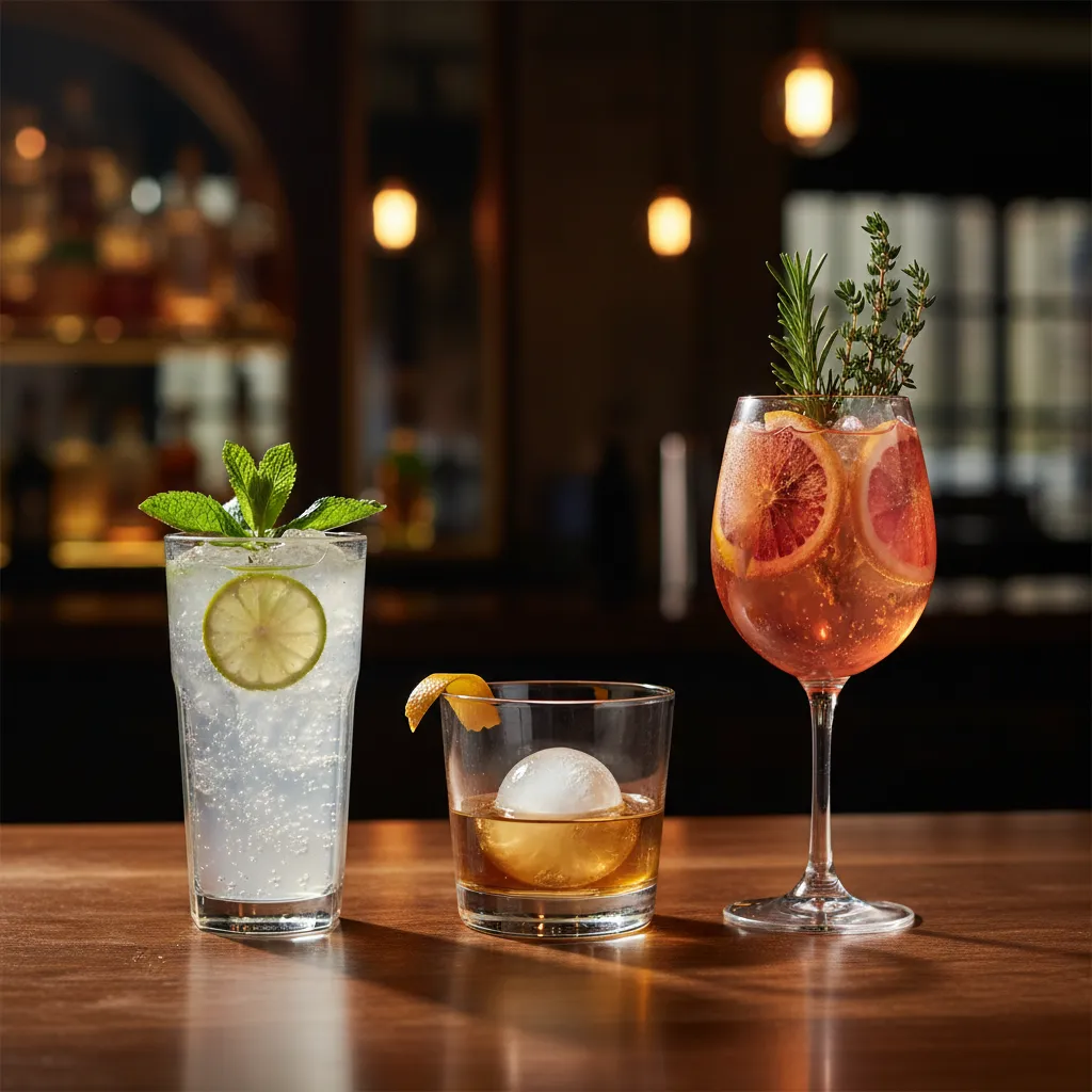 Three low-calorie bourbon cocktails with fresh garnishes including bourbon soda, neat bourbon with ice sphere, and citrus spritz