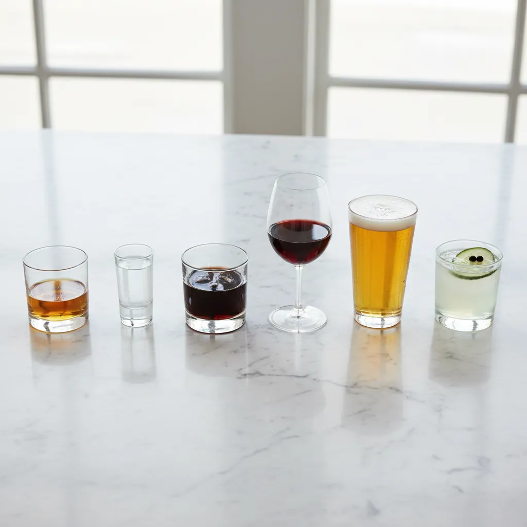 Various alcoholic beverages side by side for calorie comparison including bourbon, vodka, rum, wine, beer, and gin