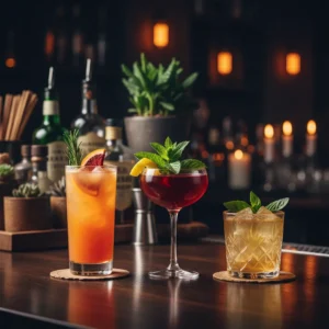 Three elegant bourbon cocktails on a dark bar counter with warm amber lighting