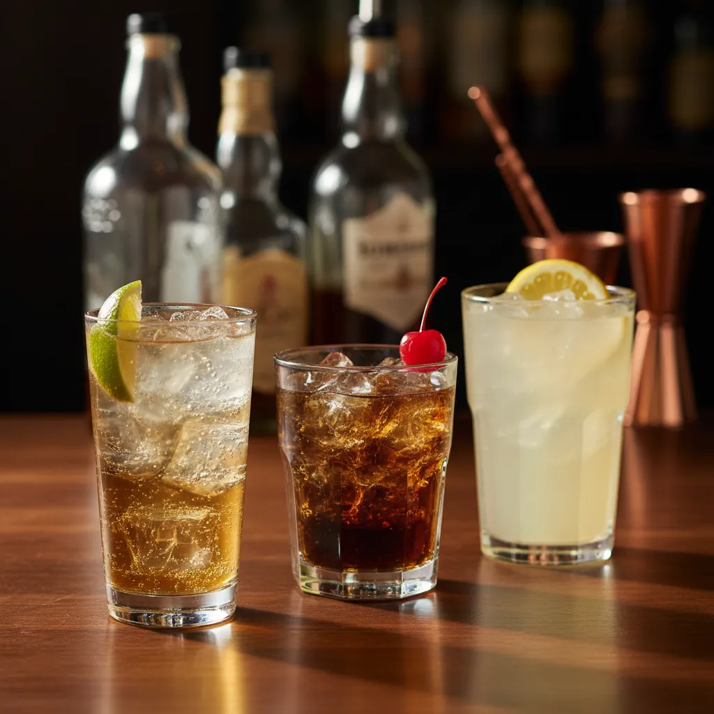 Three classic bourbon mixed drinks on a dark wood bar including a bourbon and ginger ale highball, a bourbon and cola, and a bourbon lemonade