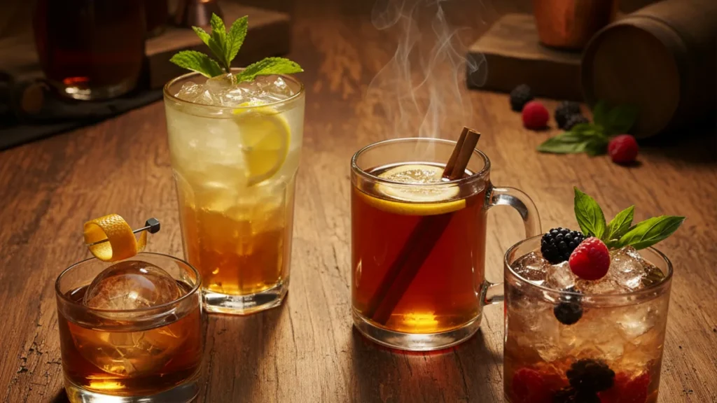 Bourbon drinks for every occasion — Old Fashioned, highball, hot toddy, and smash on a wooden bar