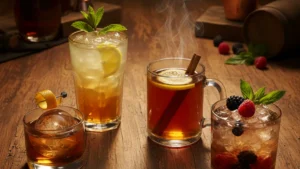 Bourbon drinks for every occasion — Old Fashioned, highball, hot toddy, and smash on a wooden bar