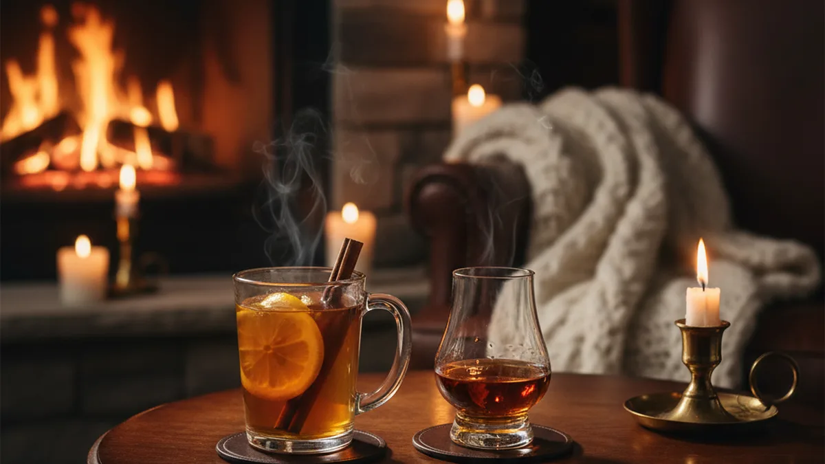 Warm winter bourbon drinks by the fireplace including a hot toddy and neat pour